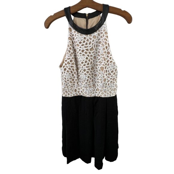 ABS Lace Detail Dress Size 10 Beige Lace Black Leather Trim High Neck Cocktail - Picture 1 of 8